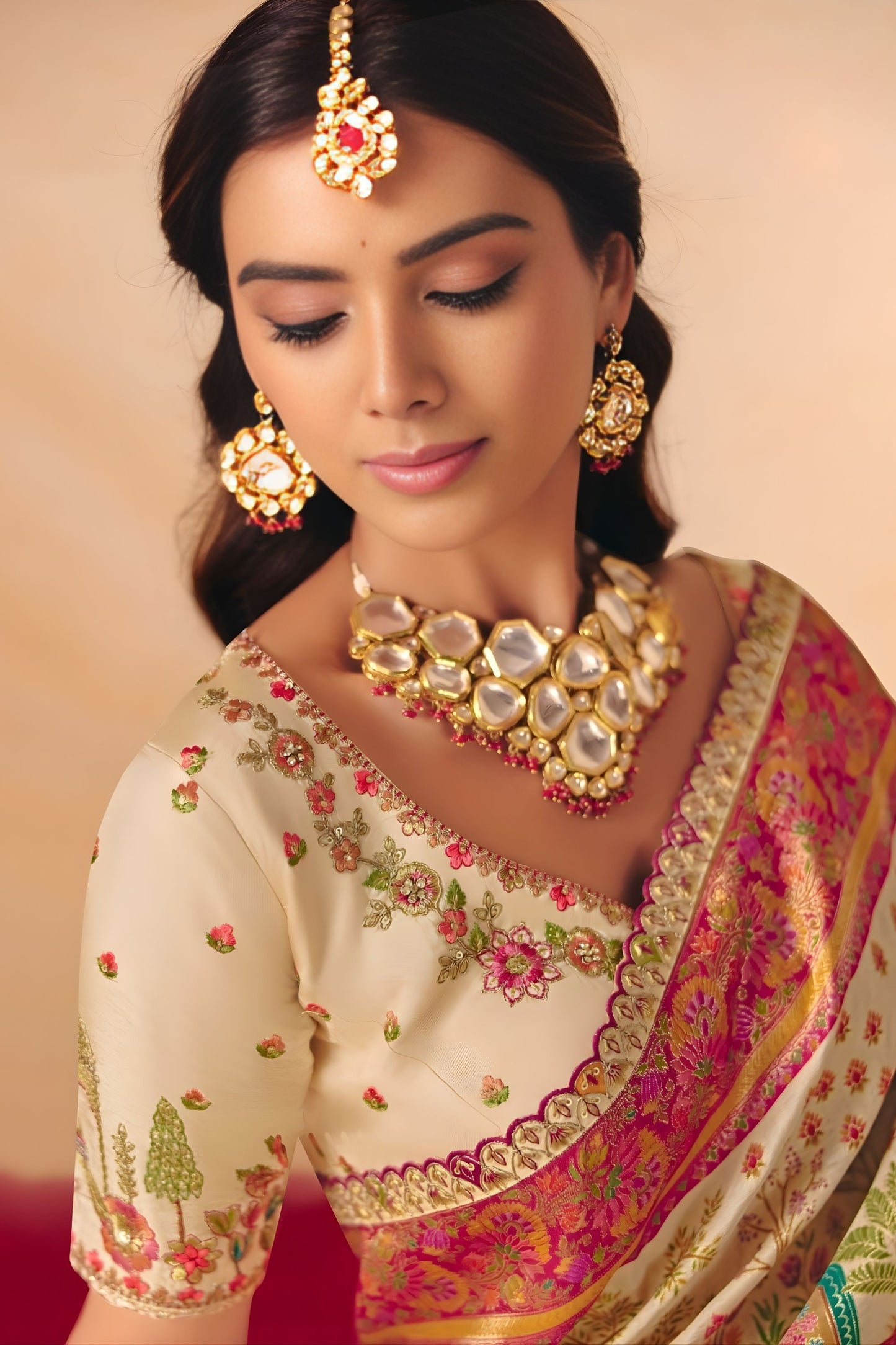 Cream Floral Printed Silk Saree with Pink Zari Border Peacock Pallu