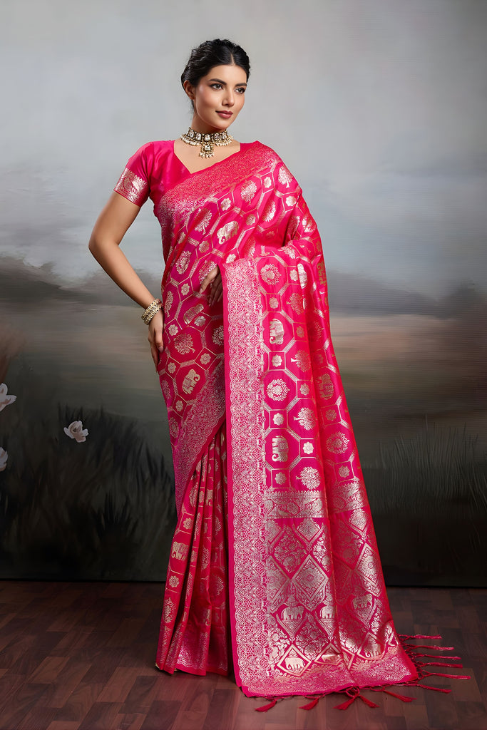 Luxury Rani Pink Banarasi Silk Saree Rich Gold Zari Weaving Traditional Motifs