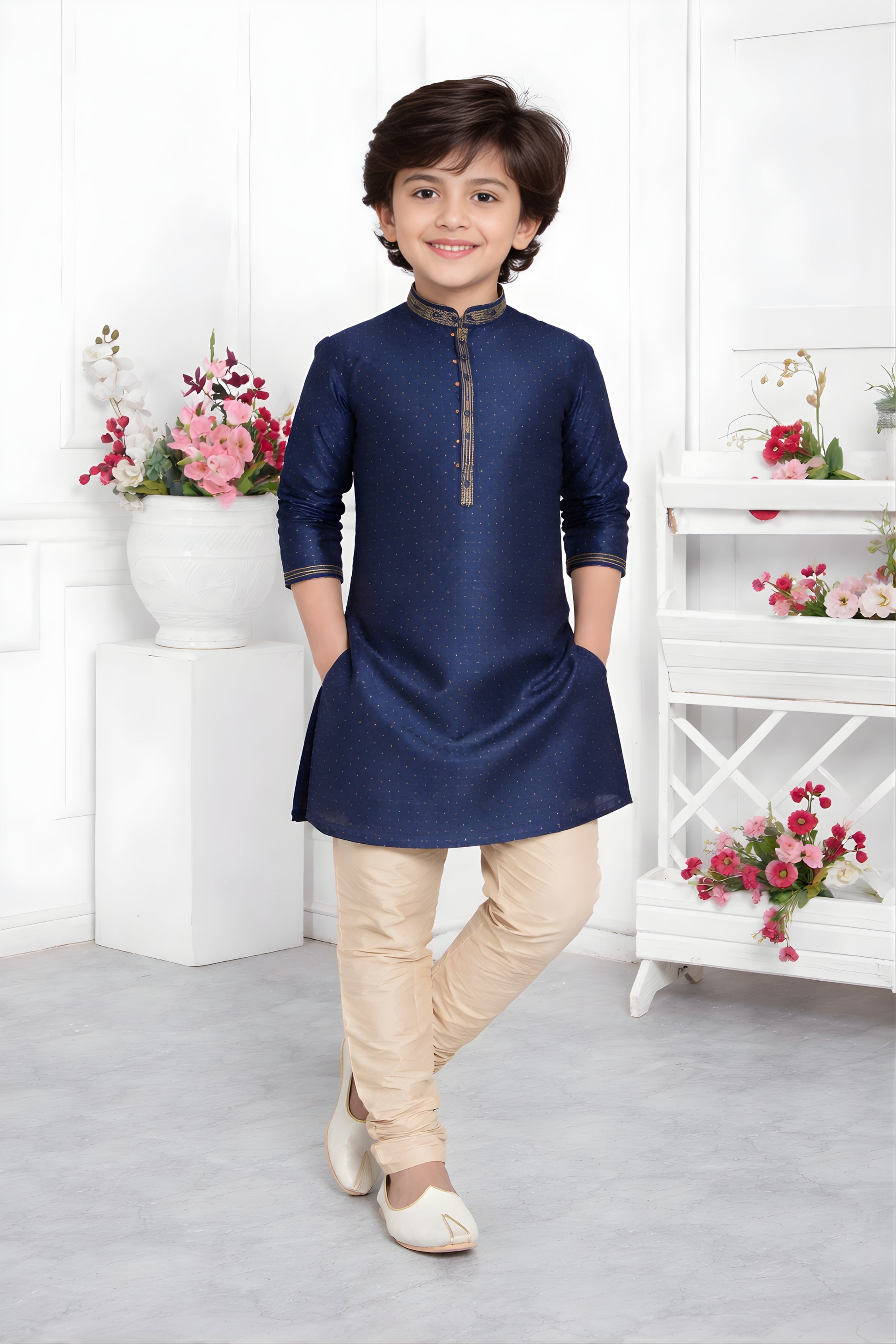 Festive Royal Blue Jacquard Silk Pintux Kurta Pajama Set for Boys