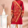 Royal Red Viscose Embroidered Kurta Dhoti Set with Golden Motifs For Men