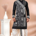Classic Black Viscose Embroidered Kurta Dhoti Set with Silver Motifs For Men