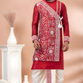 Stylish Red Viscose Embroidered Kurta Dhoti Set with Traditional Motifs For Men