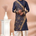 Elegant Navy Blue Viscose Embroidered Kurta Dhoti Set with Golden Motifs For Men