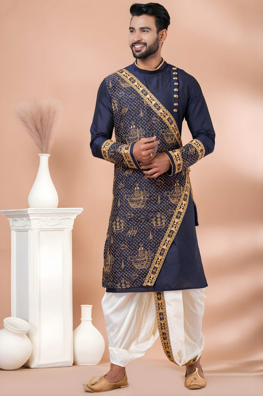 Elegant Navy Blue Viscose Embroidered Kurta Dhoti Set with Golden Motifs For Men