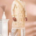 Charming Cream Viscose Embroidered Kurta Dhoti Set with Golden Motifs For Men