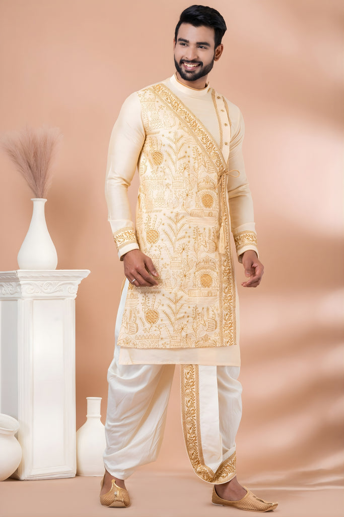 Charming Cream Viscose Embroidered Kurta Dhoti Set with Golden Motifs For Men