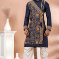 Trendy Navy Blue Viscose Embroidered Kurta Dhoti Set with Golden Motifs