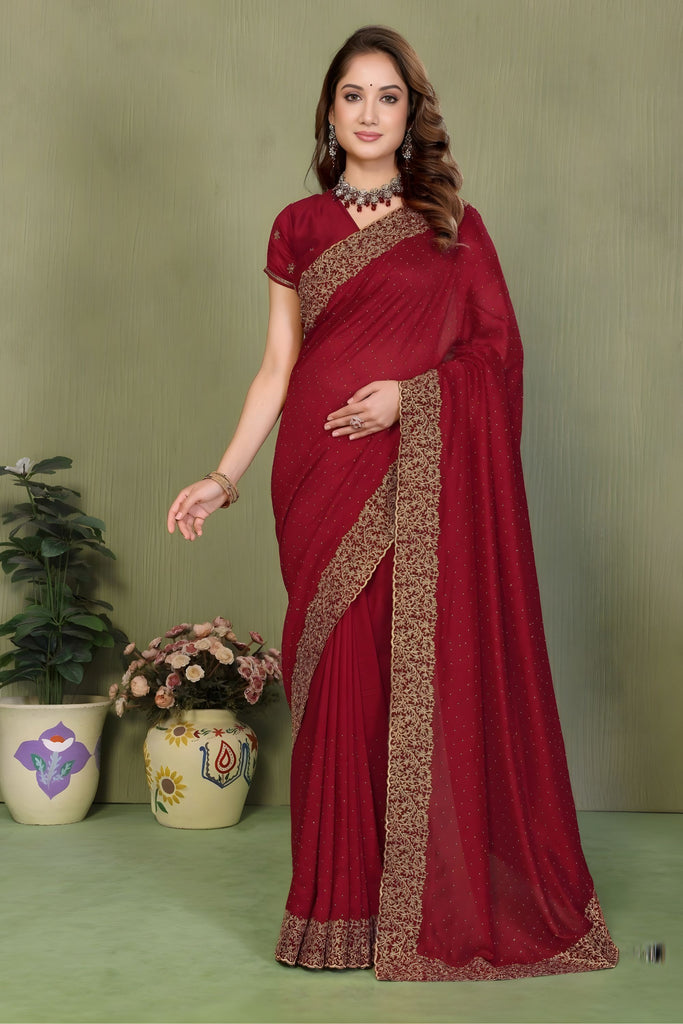 Maroon Embroidered Georgette Saree with Gold Border 