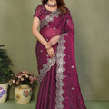 Wine Purple Embroidered Silk Blend Saree with Heavy Silver Border 