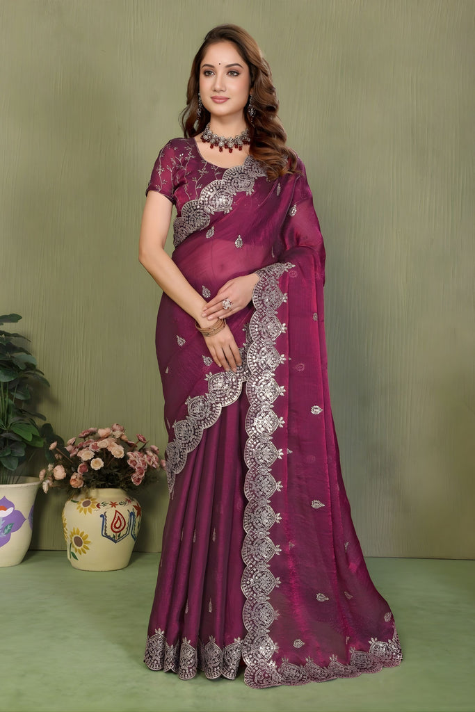 Wine Purple Embroidered Silk Blend Saree with Heavy Silver Border 