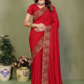 Classic Red Embroidered Georgette Saree with Rich Gold Border 