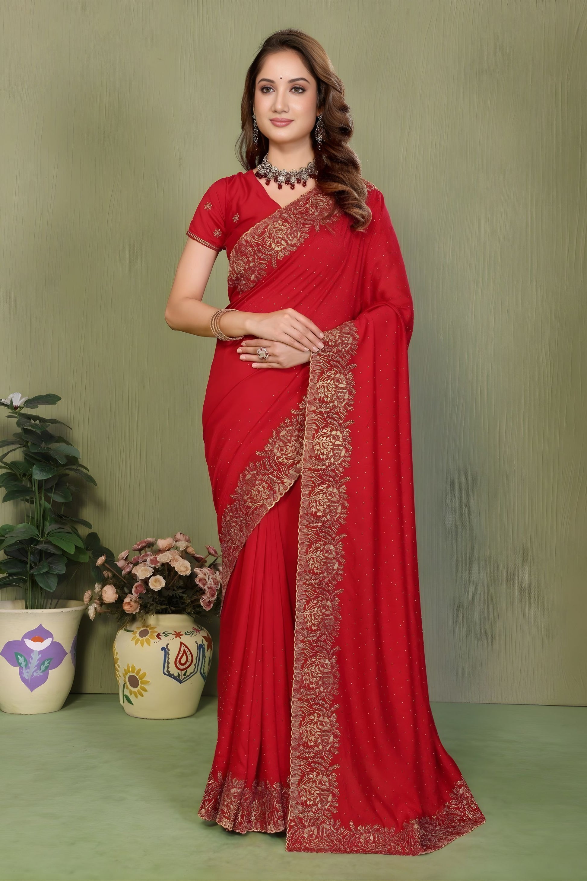 Classic Red Embroidered Georgette Saree with Rich Gold Border 