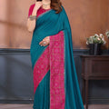 Teal Blue Silk Blend Saree with Contrast Pink Bandhani Border 