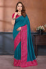 Teal Blue Silk Blend Saree with Contrast Pink Bandhani Border 