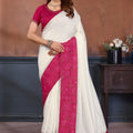 Ivory White Silk Blend Saree with Contrast Pink Bandhani Border