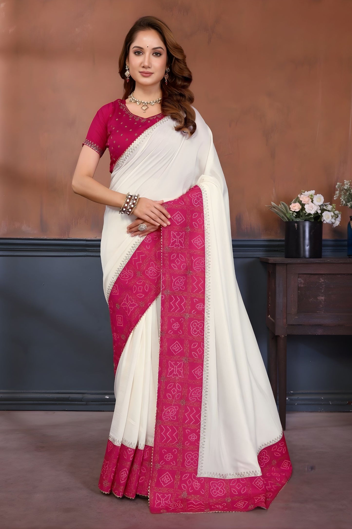 Ivory White Silk Blend Saree with Contrast Pink Bandhani Border