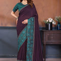 Wine Purple Silk Blend Saree with Teal Green Bandhani Border