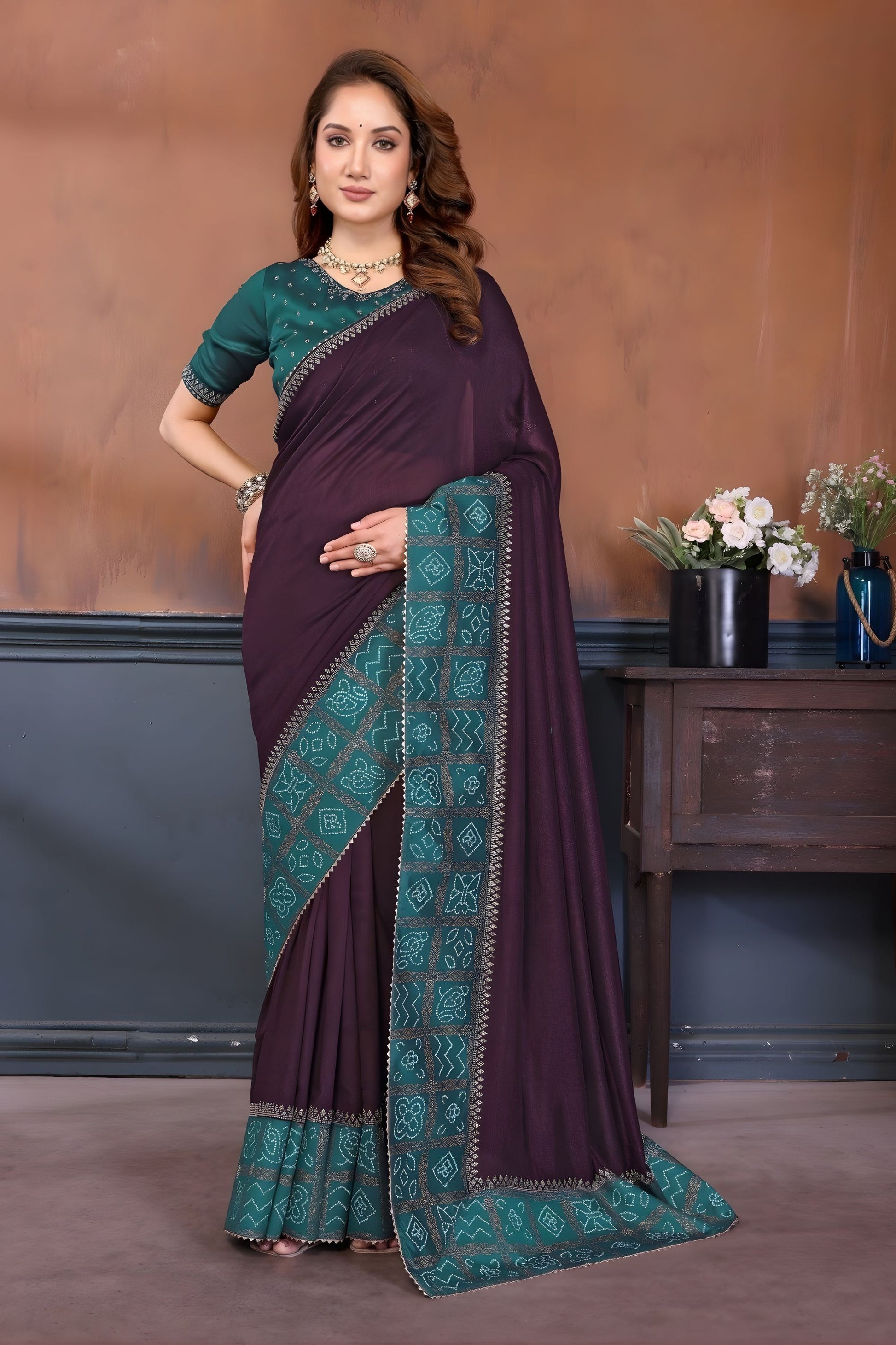 Wine Purple Silk Blend Saree with Teal Green Bandhani Border