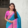 Teal Blue Saree with Pink Contrast Border Traditional Printed Design