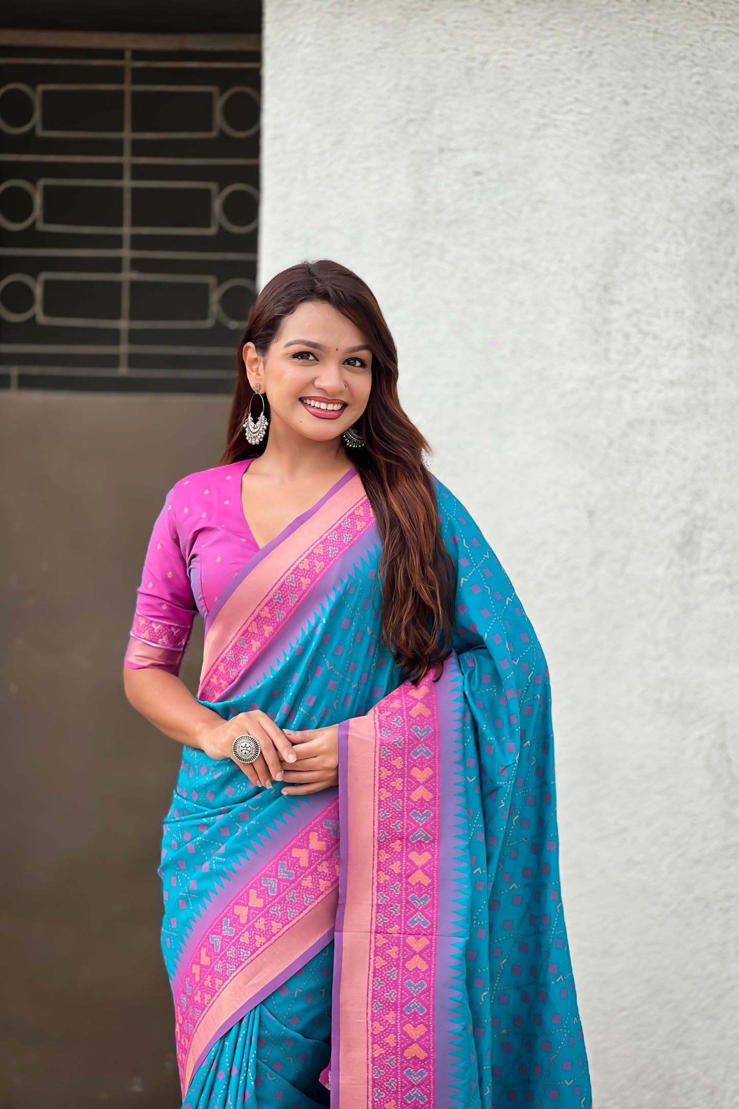 Teal Blue Saree with Pink Contrast Border Traditional Printed Design