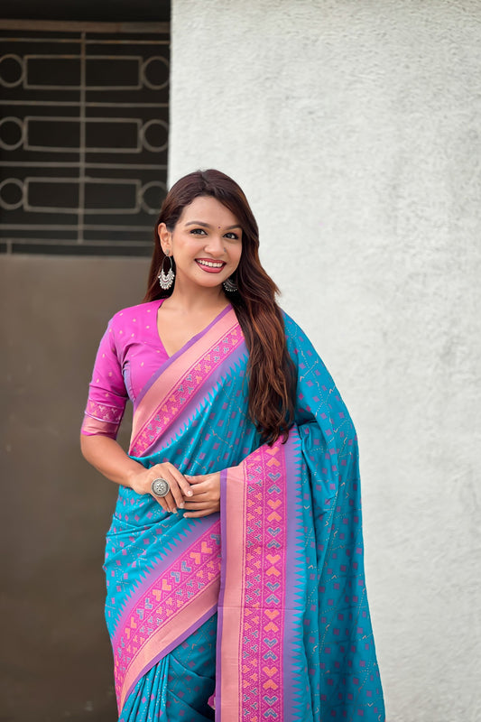 Teal Blue Saree with Pink Contrast Border Traditional Printed Design