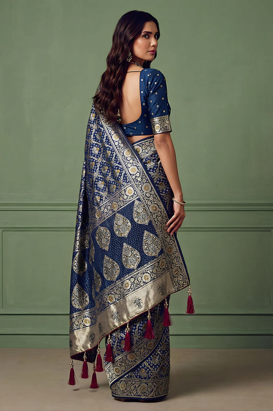 Royal Navy Blue Heavy Embroidered Banarasi Silk Saree