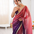 Purple Organza Silk Saree Designer Gold Lace Border Matching Blouse