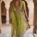 Pista Green Organza Silk Saree Heavy Embroidery Designer Border