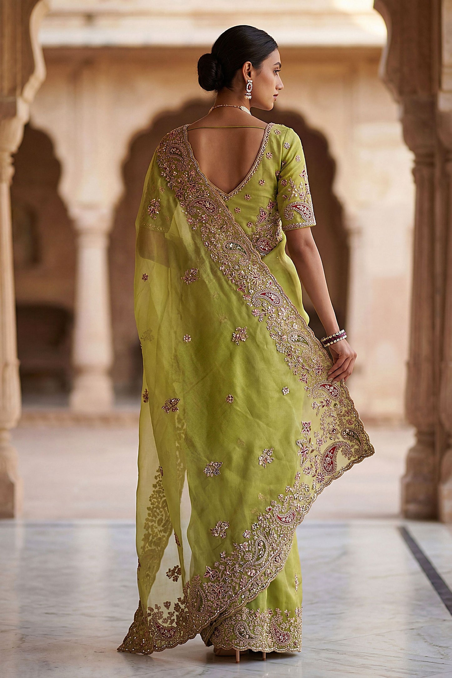 Pista Green Organza Silk Saree Heavy Embroidery Designer Border