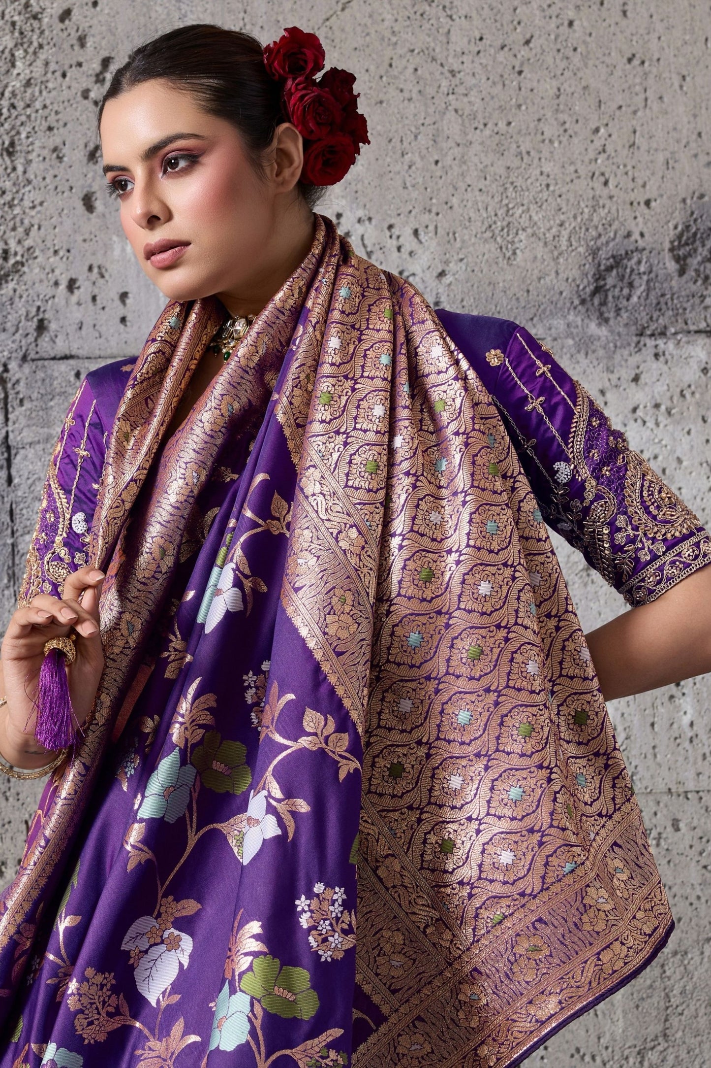 Royal Purple Banarasi Silk Saree Gold Zari Border Floral Weaving Saree