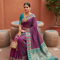 Magenta Silk Saree Teal Green Contrast Border Zari Weaving Festive Wear