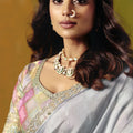 Grey Silk Saree with Embroidered Border Designer Floral Readymade Blouse