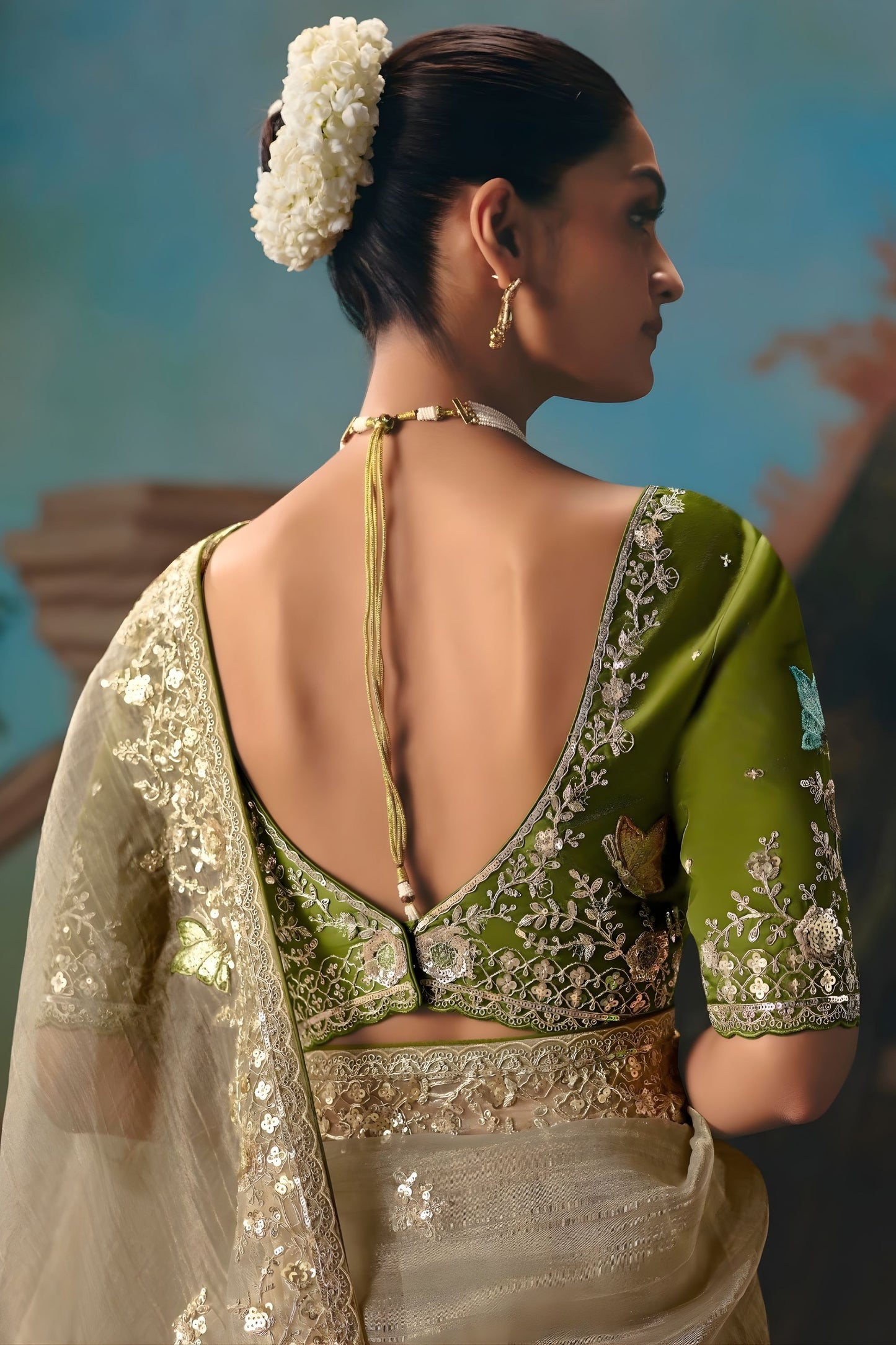 Beige Embroidered Silk Saree with Green Blouse Festive Wear