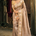 Beige Designer Embroidered Silk Saree with Floral Work Wedding Wear