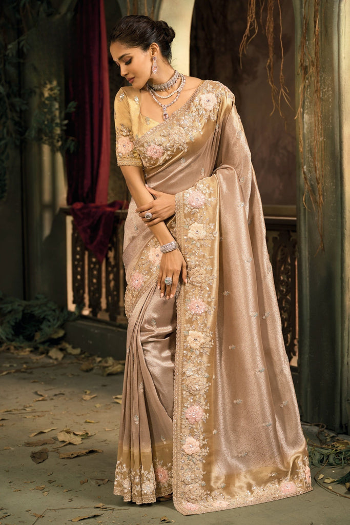Beige Designer Embroidered Silk Saree with Floral Work Wedding Wear