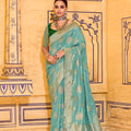 Sea Green Banarasi Silk Saree with Golden Zari Contrast Blouse