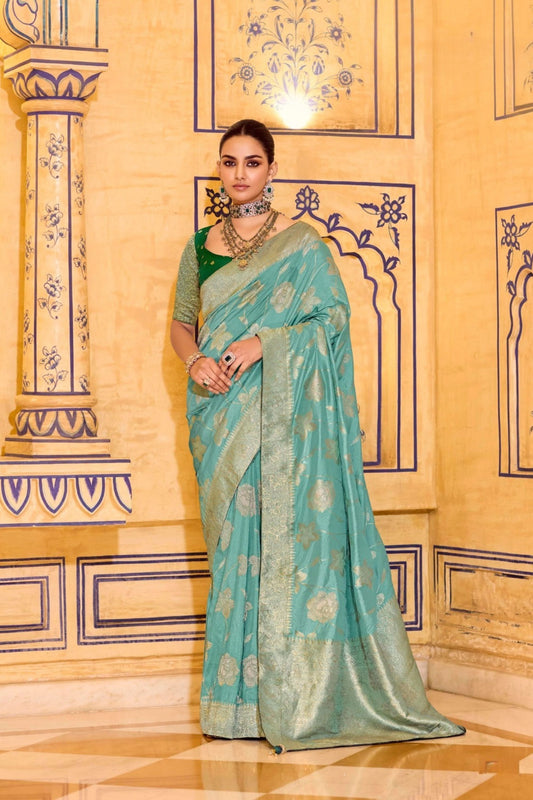 Sea Green Banarasi Silk Saree with Golden Zari Contrast Blouse