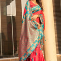 Coral Red Silk Saree Teal Green Contrast Border Floral Zari Work