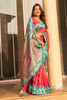 Coral Red Silk Saree Teal Green Contrast Border Floral Zari Work