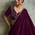 Wine Purple Chiffon Saree Minimal Zari Border Embroidered Blouse