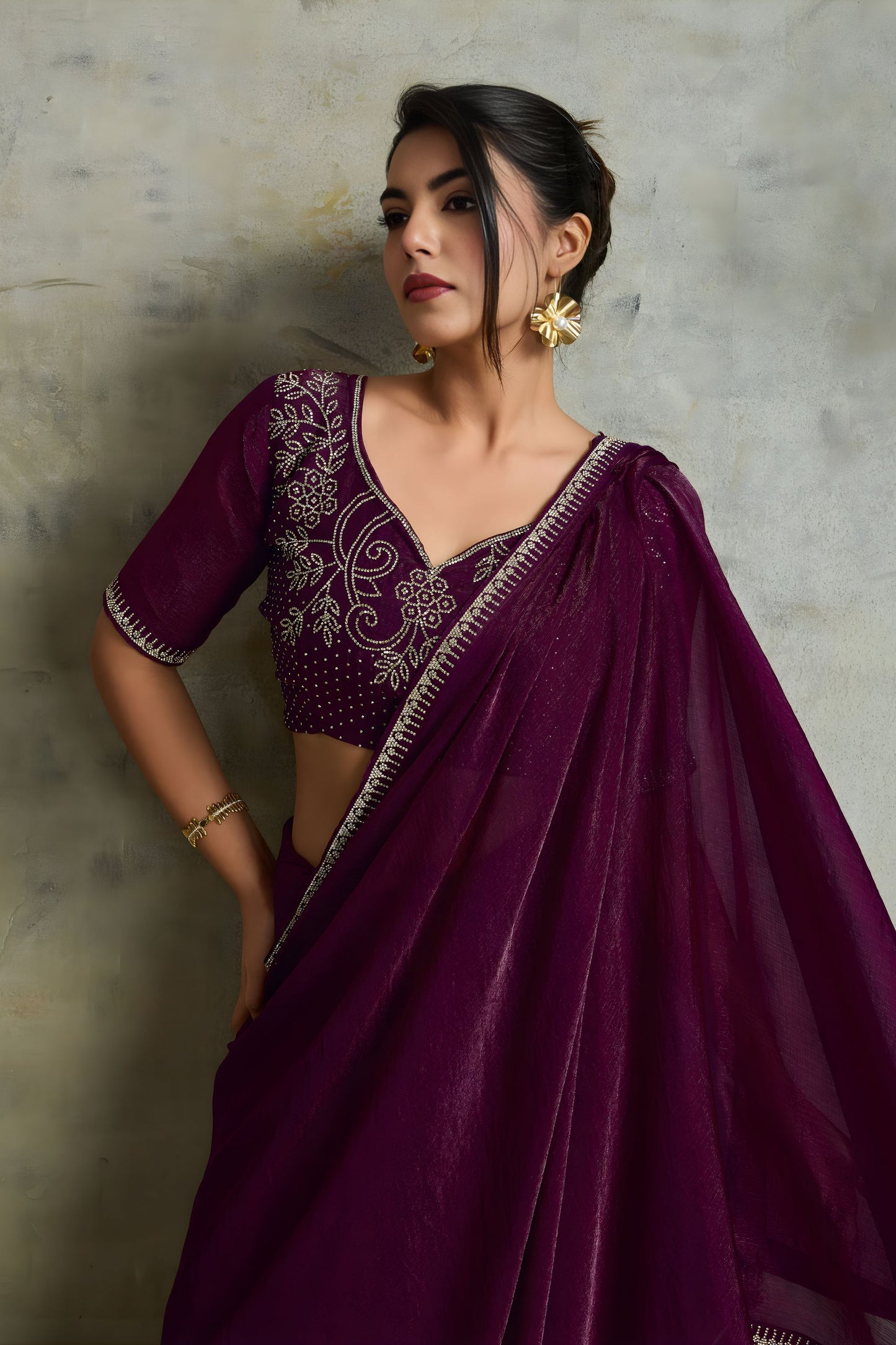 Wine Purple Chiffon Saree Minimal Zari Border Embroidered Blouse