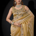Royal Gold Shimmer Silk Saree with Heavy Zari Stone Embroidered Border