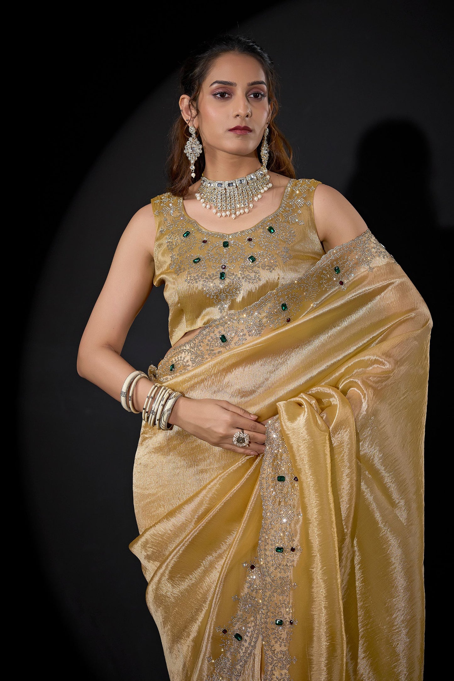 Royal Gold Shimmer Silk Saree with Heavy Zari Stone Embroidered Border