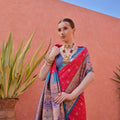 Pink And Blue Kanjivaram Silk Saree with Golden Zari Border Contrast Blouse