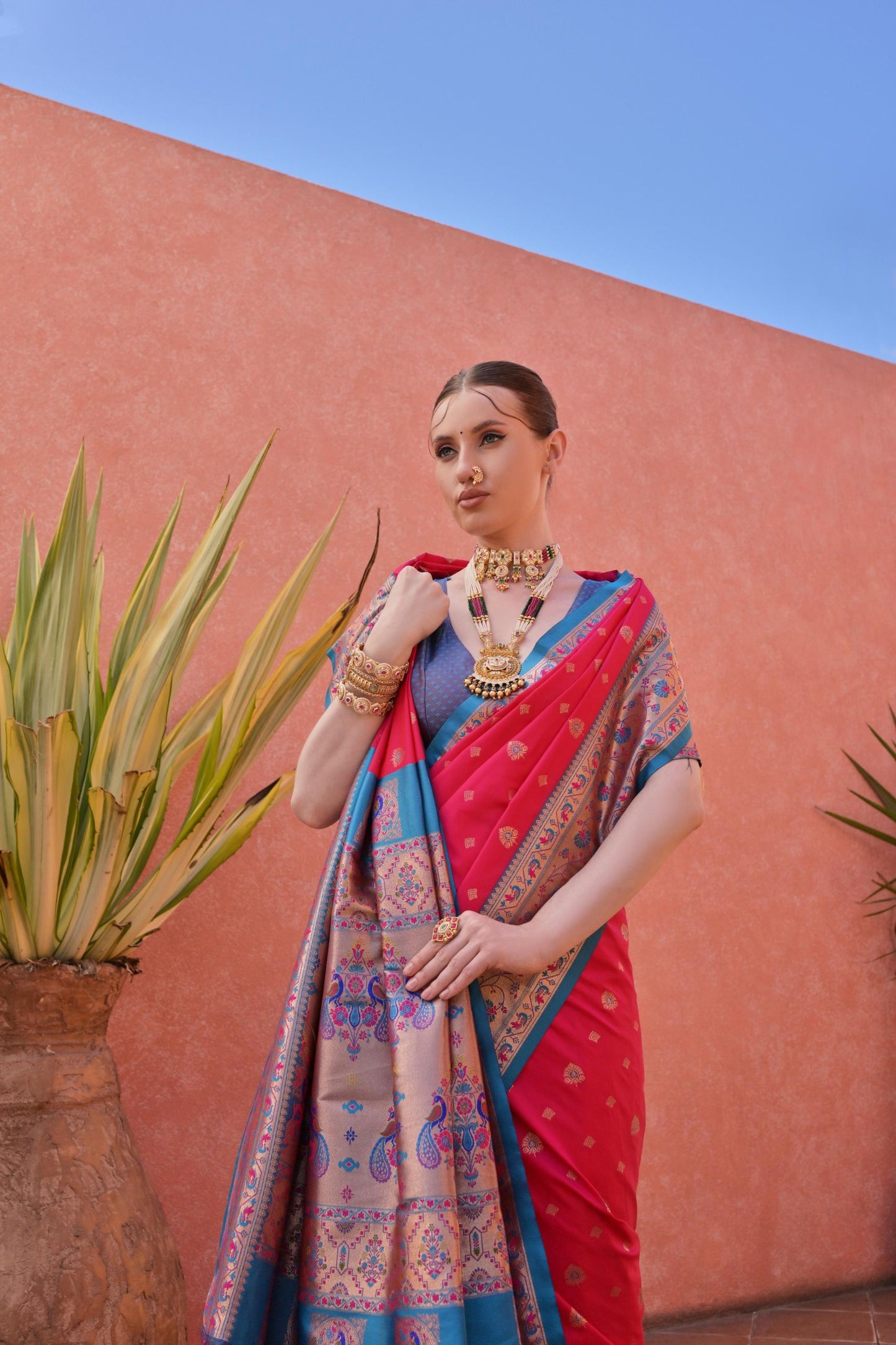 Pink And Blue Kanjivaram Silk Saree with Golden Zari Border Contrast Blouse