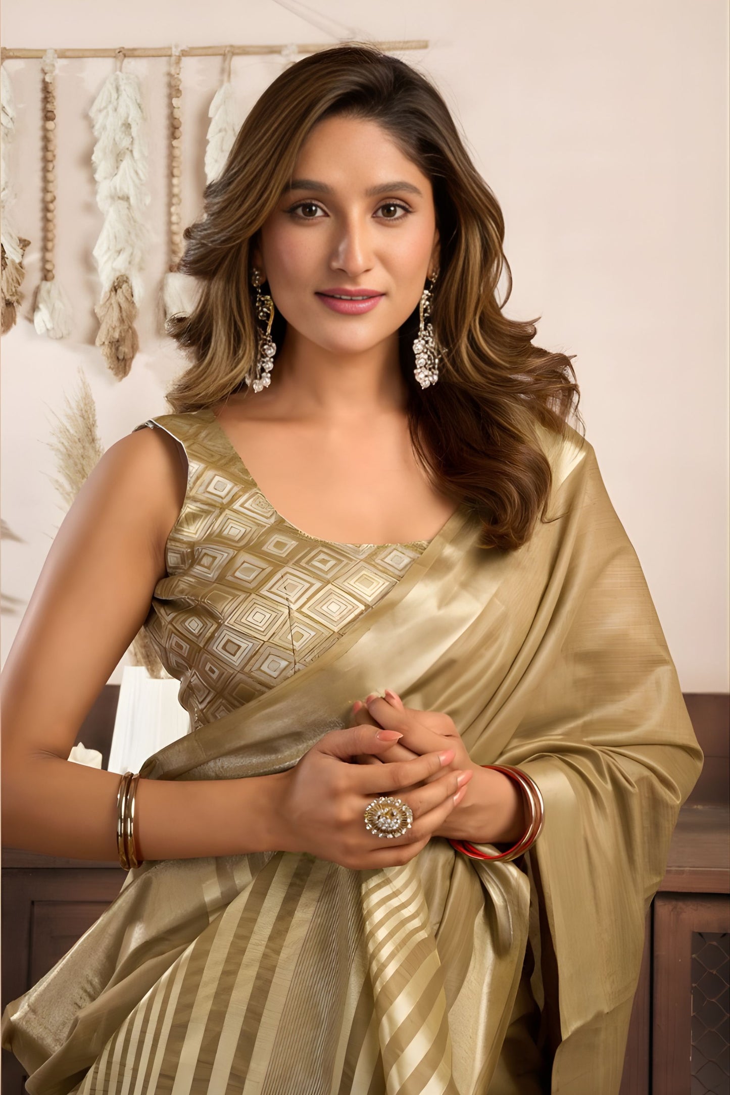 Golden Beige Silk Saree with Rich Zari Border Designer Saree