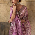 Pink Banarasi Silk Saree with Purple Zari Border Floral Weaving Saree