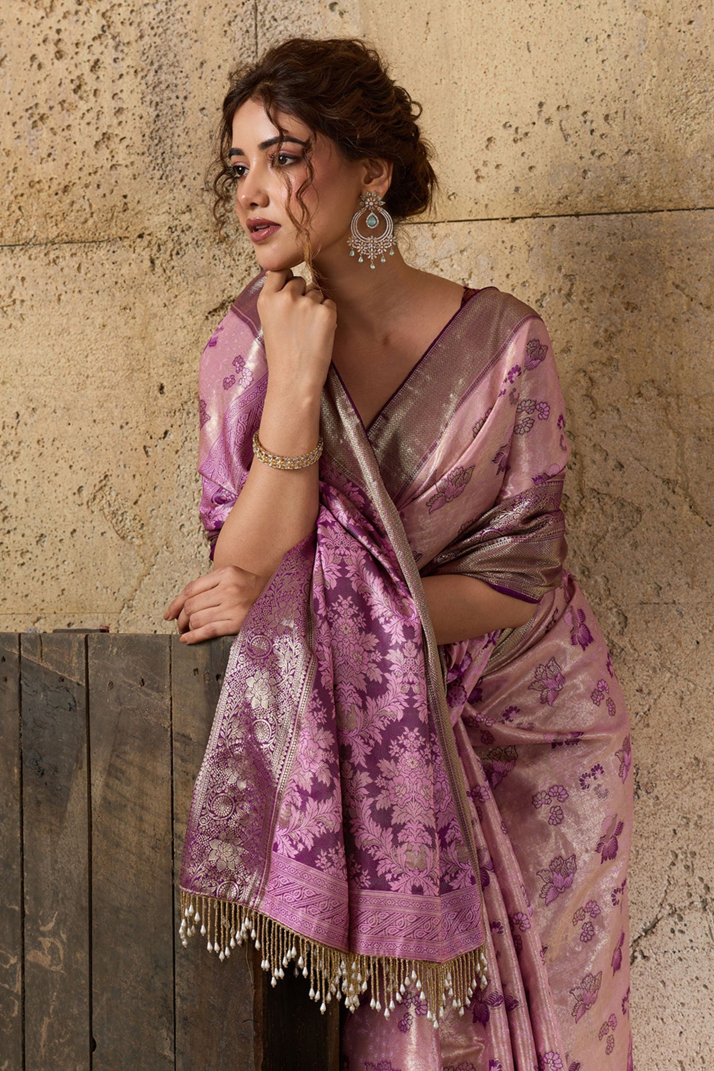 Pink Banarasi Silk Saree with Purple Zari Border Floral Weaving Saree