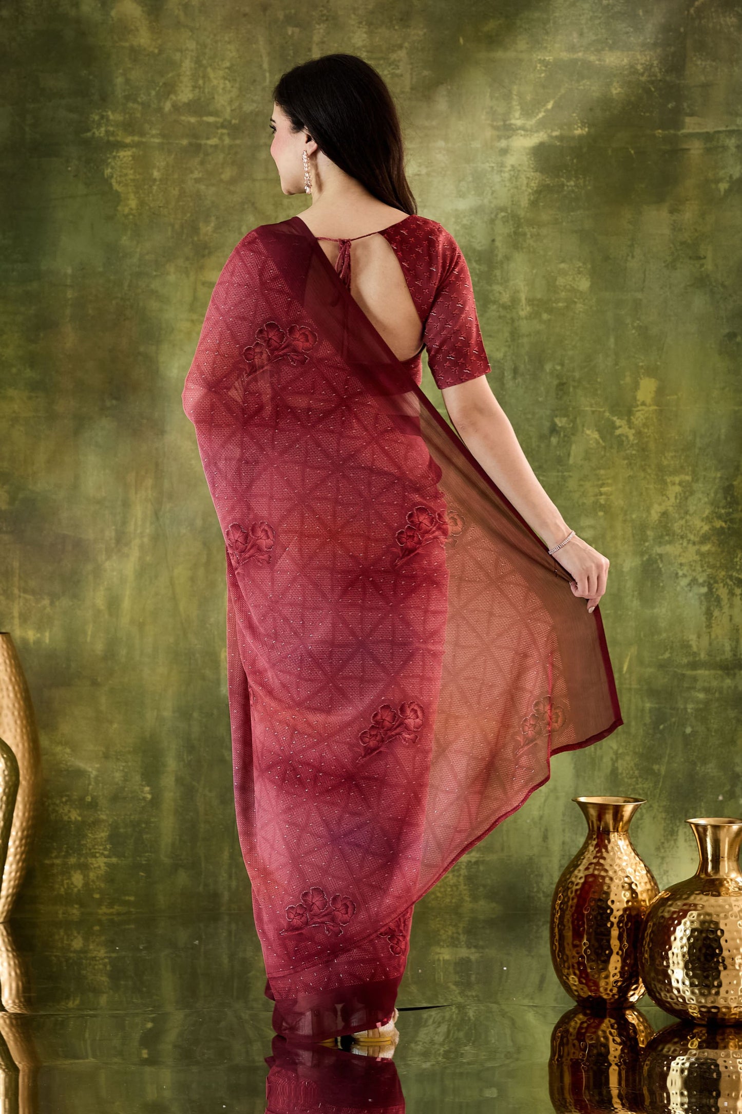 Wine Embroidered Designer Saree with Matching Blouse