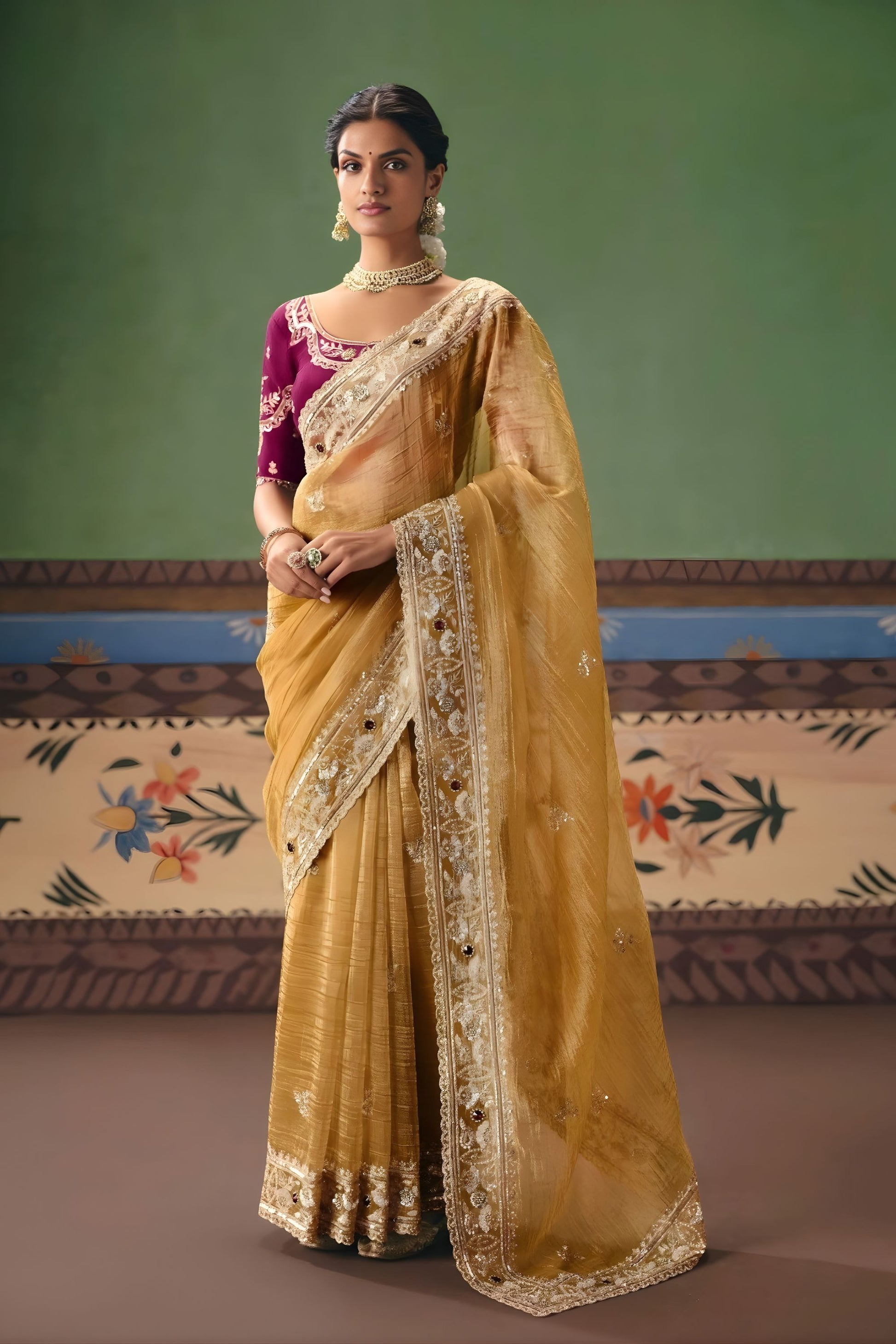Mustard Yellow Organza Silk Saree Heavy Zari Embroidery Border Designer Blouse